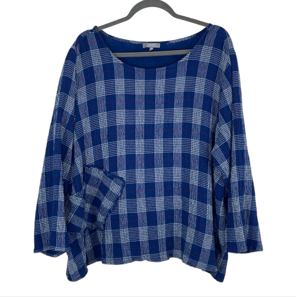 Habitat Top Size Medium Cotton Gauze Lightweight Art to Wear Blue White Plaid